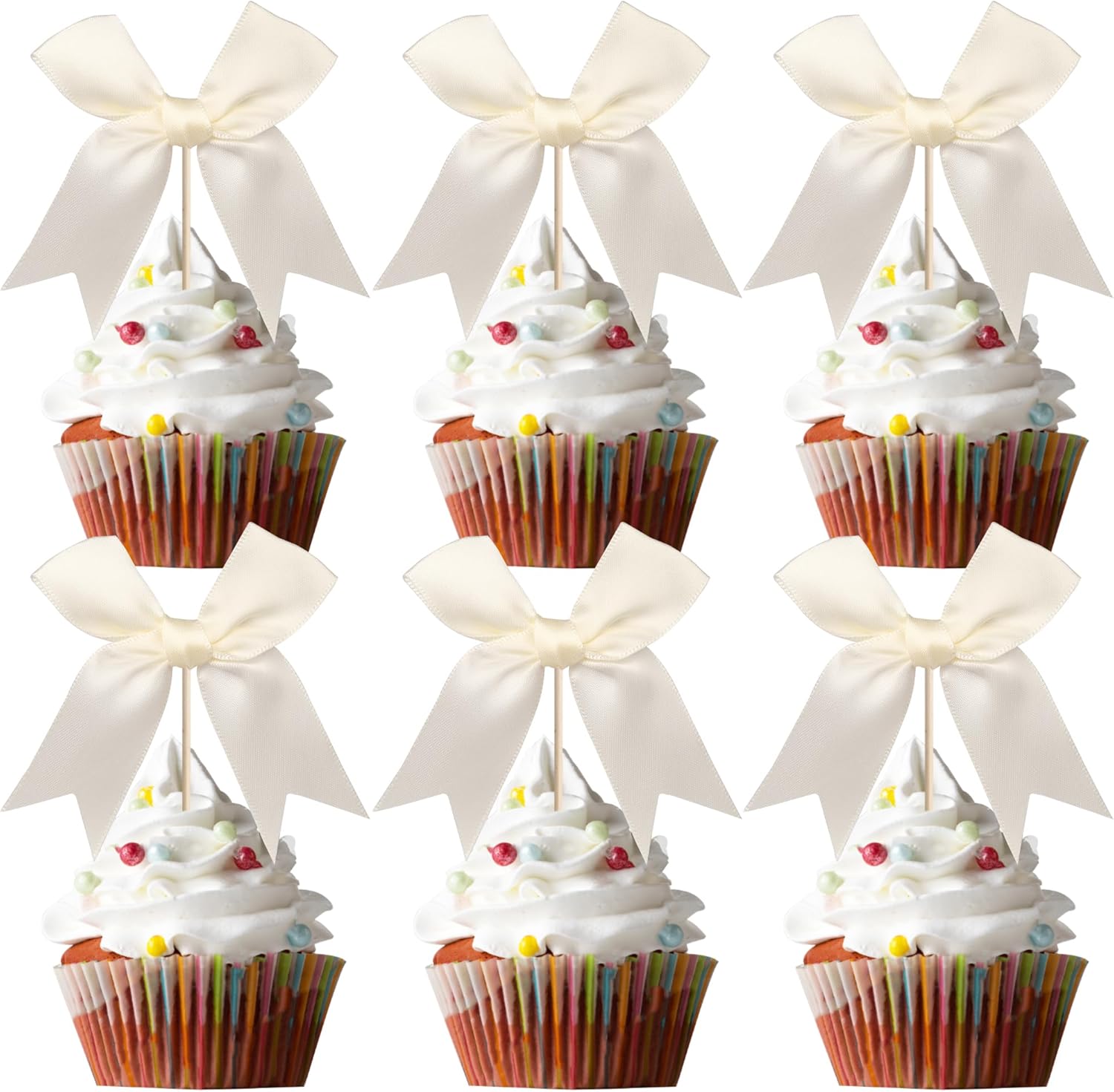 24 PCS Bow Cupcake Toppers Bowknot Coquette Bow Girls Birthday Cake Decorations Bow Cake Toppers Bowknot Cupcake Picks for Baby Shower Birthday Wedding Bridal Engagement Party Supplies Beige