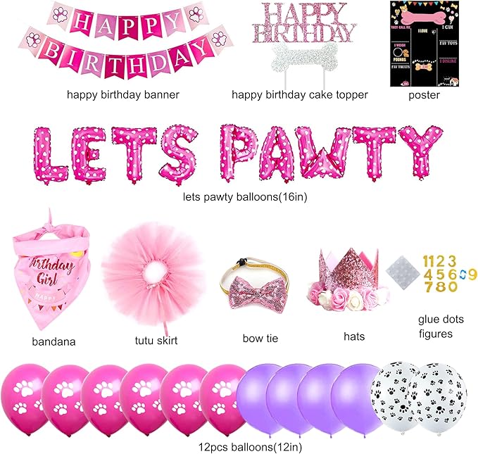Dog Birthday Party Supplies, Pink Dog Birthday Decorations, Lets Pawty Balloons Banner Hat Bandana Tutu Skirt Outfit for Small Medium Dogs-PawvioPets