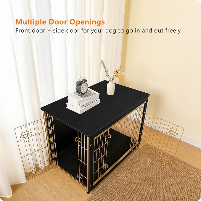DWANTON Dog Crate Furniture with Cushion, Wooden Kennel Table with Double Doors, Indoor Dog House, Large Size, 38.5" L, Black+Gold-PawvioPets