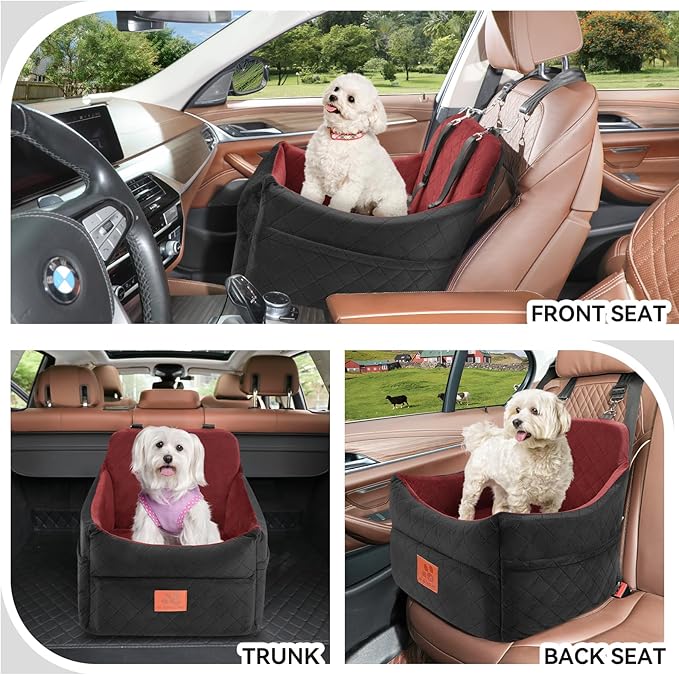 Dog Car Seat for Small/Medium Dogs, Dog Booster Car Seats with Thick Cushion for Dogs Under 35lbs, Detachable Washable Pet Car Seat with Storage Pockets, 2 Safety Belts(Black/Red)-PawvioPets
