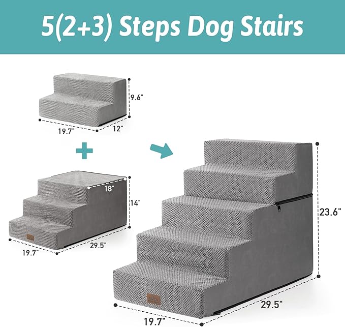 Dog Stairs for Small Dogs, 5 Tier Removable Wider Pet Stairs for Couch and Bed, 23.6" H Non-Slip Dog Steps for Puppies and Old Cats with Support Board, 29.5x19.7x23.6 inch, Grey-PawvioPets