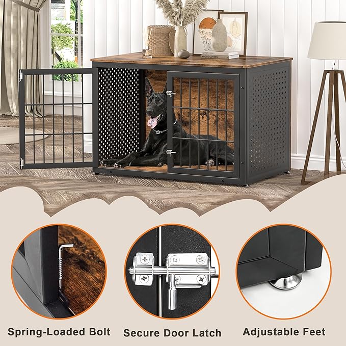 48" Rustic Heavy Duty Dog Crate Furniture for Extra Large Dogs, Metal Kennel for High Anxiety Dogs, Wooden Cage Furniture Indoor, Decorative Dog Kennel End Table, XL-PawvioPets