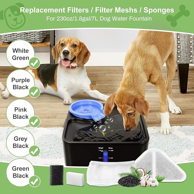 6 Sets of Replacement Filters for 230oz/7L Dog Water Fountain, GISOFIK Cat Water Fountain Filter, 5 Layers Filtration System Pet Fountain Filters Replacement (6 Filters+6 Mesh Bag+8 Sponge)-PawvioPets
