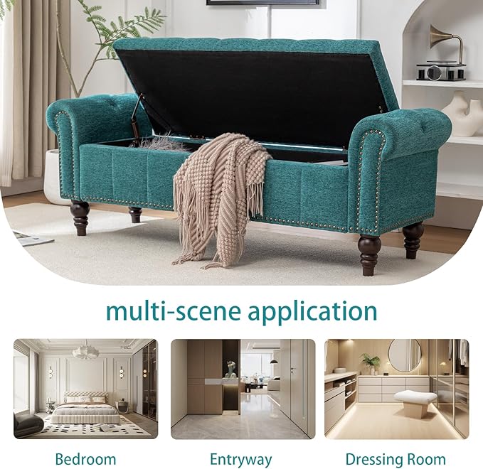 58’’ Storage Bench for Bedroom, Upholstered Button-Tufted Ottoman with Solid Wood Legs, Queen Size End of Bed Shoe Cabinet, Window Seat Foot Rest Stool for Entryway, Living Room (Teal)-PawvioPets