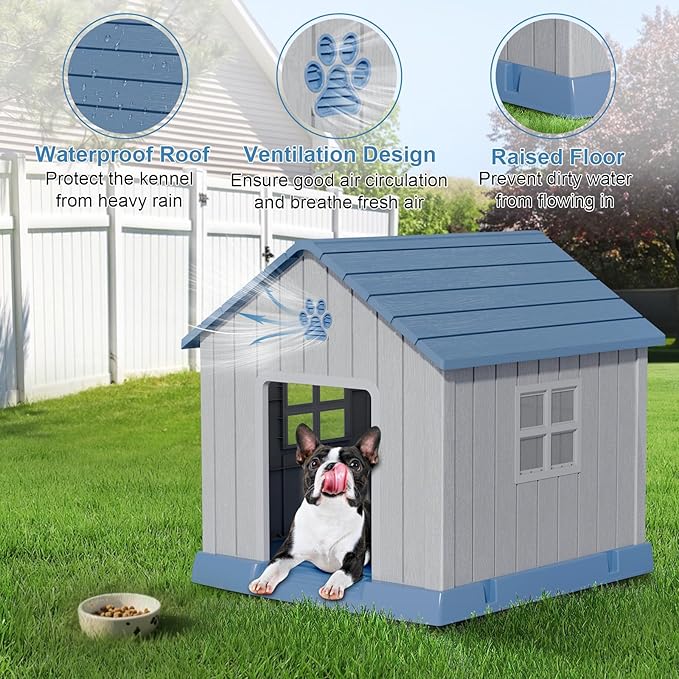 Dog House Indoor Outdoor for Small to Large Sized Dogs Resin Outdoor Dog House with Ventilation Puppy Shelter with Elevated Floor, Easy to Assemble, Blue-PawvioPets