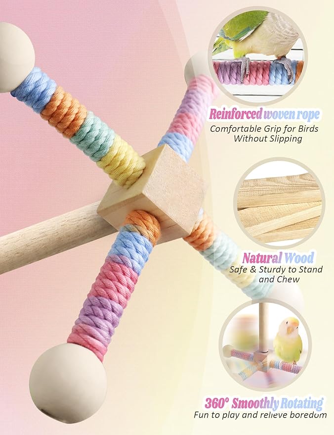 Bird Stand Perch Toy for Small & Medium Birds, 360° Rotating Natural Wooden Parrot Perchs for Bird Cages, Interactive Spinning Toy fo Parrot Parakeets Cockatiels Lovebirds Conures Finches Budgies-PawvioPets