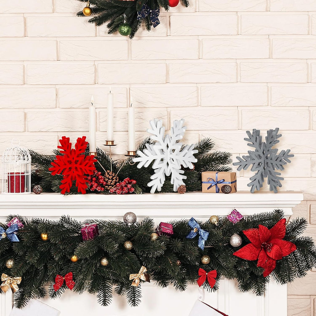 Qunclay 20 Pcs Wooden Snowflake Decorations 3D Snowflake Tabletop Decor Christmas Signs and Centerpiece for Winter Wonderland Decorations Xmas Tiered Tray Decor(Red, Gray, White)