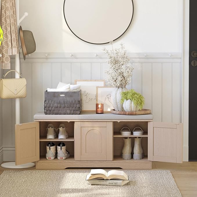 DINZI LVJ Shoe Bench, Entryway Storage Bench with Doors, Cushion, 2-Tier Shoe Rack with 6-Cubby, 39.4”L x 13.8”W Shoe Organizer Cabinet, Adjustable Shelf, Living Room, Bedroom, Natural-PawvioPets