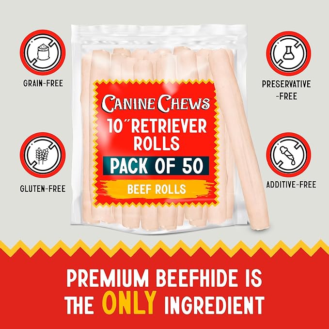Canine Chews 10" Dog Rawhide Retriever Rolls - Rawhide Bones for Large Dogs (50 pk) - Natural Beef Dog Rawhide Chews - Single Ingredient Dog Rawhide Bones - Large Rawhide Bones for Dogs Dental Chew-PawvioPets