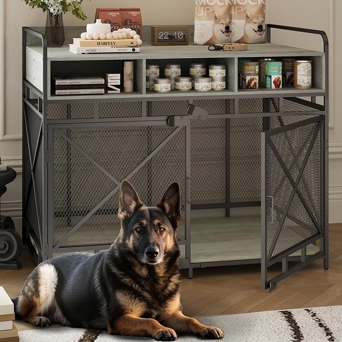 Dog Crate Furniture, 48" Heavy Duty Wooden Dog Crate End Table, XL Dog Kennel Furniture Large Breed, Decorative Dog Kennel Indoor with 3 Drawers & Steel Tubes 48" L x28 W x38 H (Grey)-PawvioPets