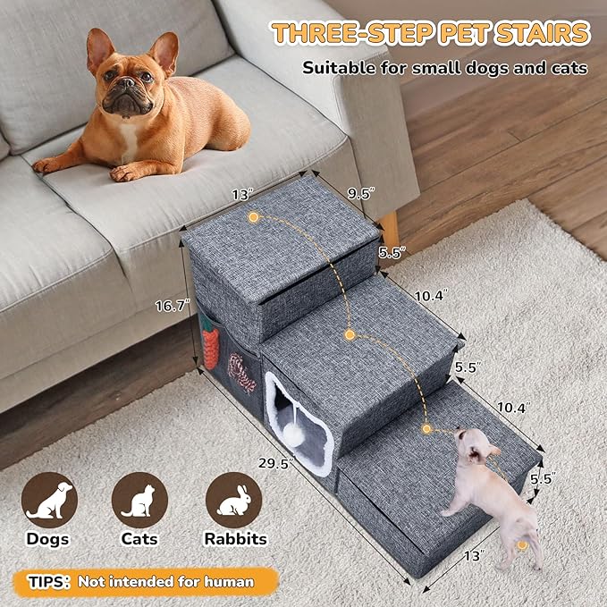 Bilibrara Dog Stairs for Small Dogs, Foldable Pet Steps for High Bed, Non-Slip 3-Step Cat Stairs with Storage, Condo and Fluffy Ball, Small Dog Indoor Ramp for Couch Window, 16'' H-PawvioPets