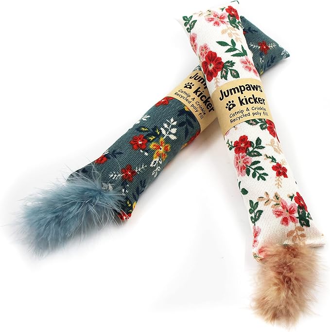 2 Pack Natural Interactive Catnip & Silvervine Cat Kicker with Feathers, Bite Resistant Chew Toy, Crinkle Kicker, Accessories for Indoor Cat, Premium Corduroy Floral-PawvioPets