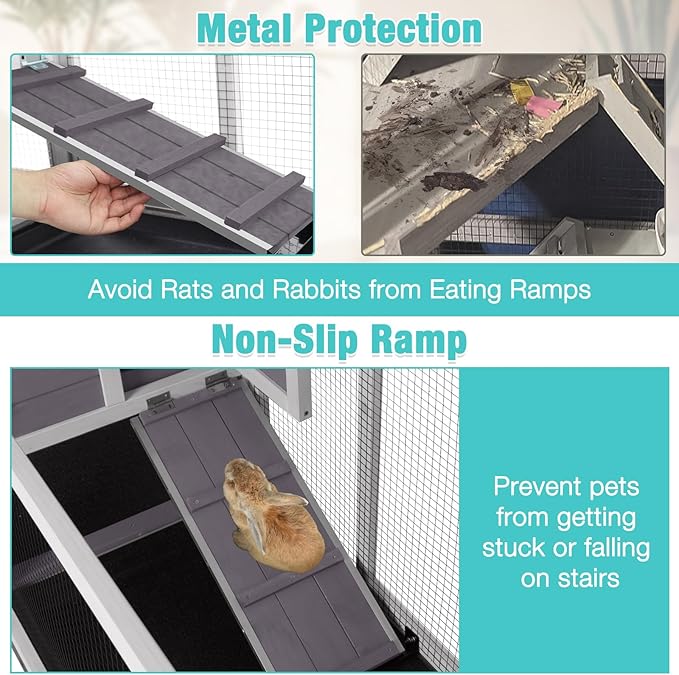 62" Rabbit Hutch with Chew-Proof Ramp & Waterproof Roof - Indoor/Outdoor Bunny Cage, 2-Story Design, 6 Lockable Caster Wheels & Dual Pull-Out Trays (Grey)-PawvioPets