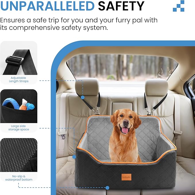 Dog Car Seat for Medium Dogs - Pet Car Seat with 2 Safety Straps & Waterproof Padding, Portable Pet Carrier for Cars, Trucks & SUVs, Comfortable Booster Bed for Pets Up to 55lbs (Black/Grey)-PawvioPets