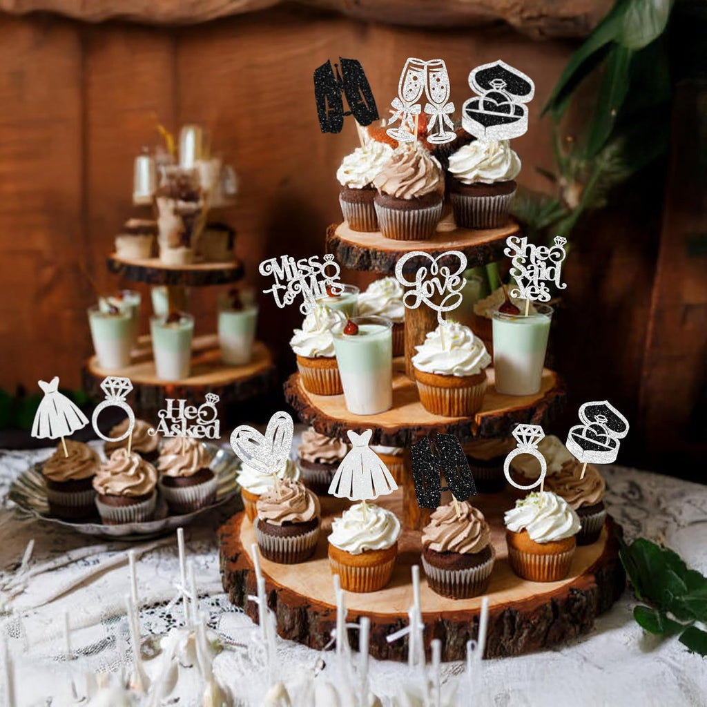 Gyufise 30Pcs She Said Yes Cupcake Toppers Glitter Diamond Ring I Do Love Cupcake Picks Miss to Mrs He Asked Bridal Shower Wedding Engagement Bachelorette Cake Decoration Silver