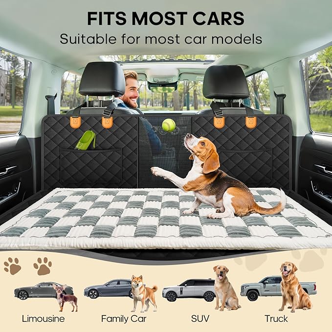 Backseat Pet Bed Mat, Non-Slip Plaid Dog Bed for Car Back Seat, Flannel Backseat Dog Bed, Fit for Backseat Extenders and Trucks SUVs (Bluegrey&White, 24.8x54 inch)-PawvioPets
