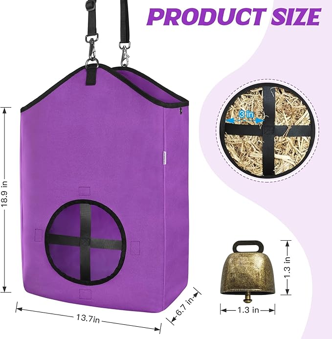 3 PCS Goat Hay Feeder,Hay Bags for Horses,Goats,Donkeys with Reinforced Oxford Fabric and High Strength Metal Clasp,Horse Feeding Supplies with Adjustable Strap for Easy Hanging(2Purple+1Orange)-PawvioPets
