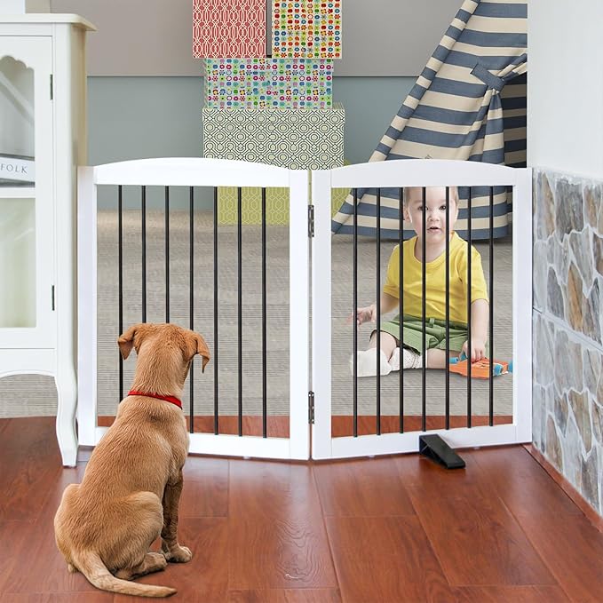 Freestanding Panel Gate for Indoor Doorways, Stairs, or Hallways, Foldable Wooden Gate for Dogs, Support Feet Included, 24" Height - 2 Panels, White-PawvioPets