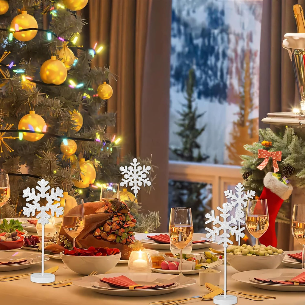 5 Pcs Wooden Christmas Snowflake Sign Winter White Glitter Snowflake Decorations Holiday Wonderland Snowflake Wood Stand Signs for Xmas Party Home Tabletop Tiered Tray Decor