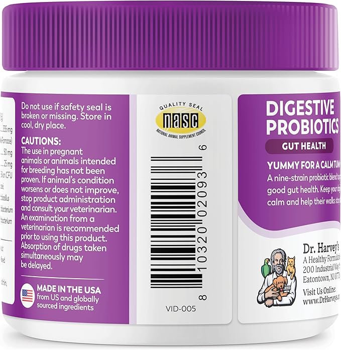 Dr. Harvey's Digestive Probiotic Soft Chews for Dogs, 7 Probiotics for Gut Health, Diarrhea and Bowel Support, Peanut Butter Flavor (90 Chews)-PawvioPets