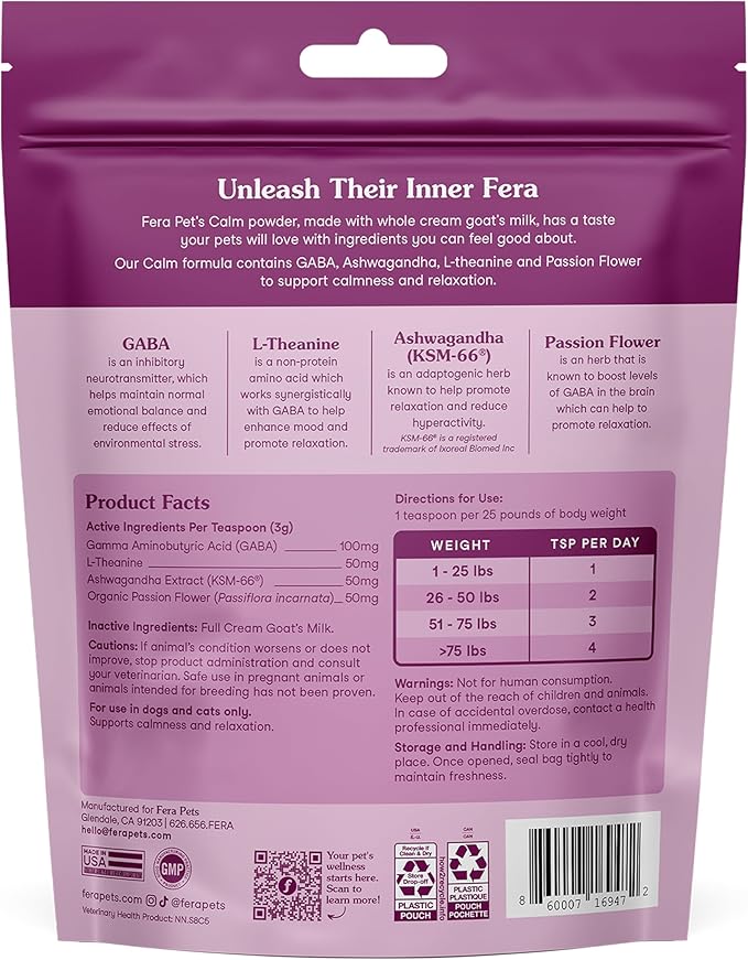 Fera Pets Goat Milk - Calming Supplement for Dogs & Cats - Ashwagandha, L-Theanine, & Passion Flower - Supports Anxiety Relief & Relaxation - for Picky Eaters - 60 TSP-PawvioPets