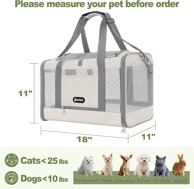 Cat Carrier American Airline Approved 18x11x11, Top Opening Sturdy Soft Pet Carrying Bag See Through, Mini Dog Hard Bottom Crate Kennel Case, 4-Side-Ventilation Mesh Cage Toy Poodle Biege-PawvioPets