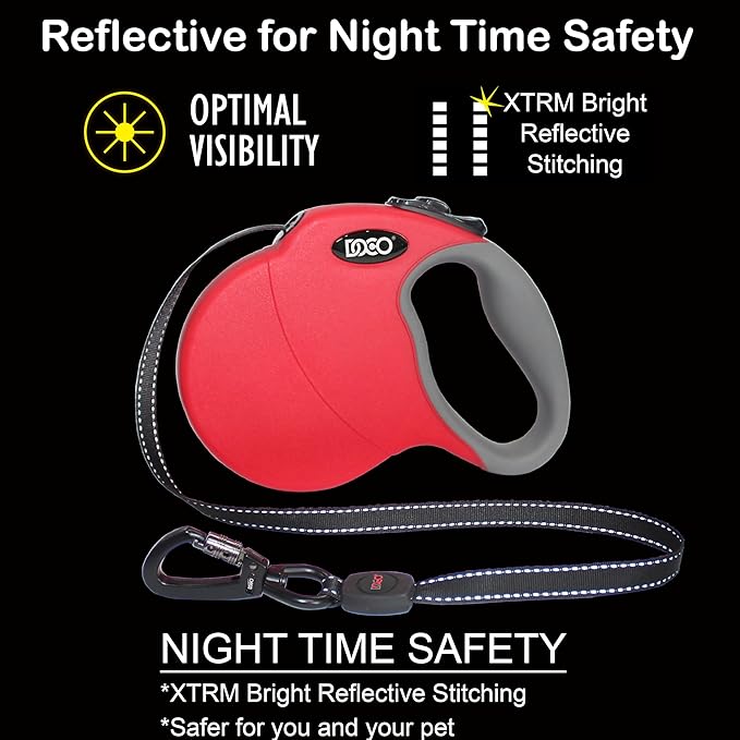 DOCO Retractable Dog Leash for Large Dogs (Length - 16’, Weight - Upto 110lb) Reflective Tape Lead with Stop and Lock Control, Tangle Free 360° Swivel Snap & Anti-Slip Grip (Black, Large)-PawvioPets