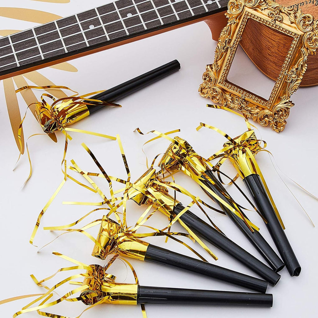 Skylety 18 Pcs Party Blower Noisemakers Party Squawkers Blowouts Whistles Fringed Noise Maker Musical Blowouts for Birthday Supplies(Black and Gold)