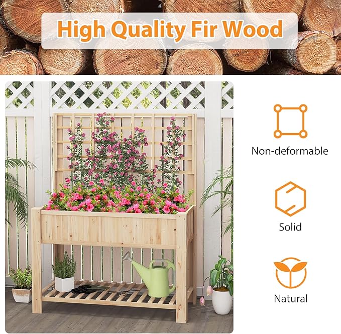 Giantex Raised Garden Bed with Trellis, Wooden Elevated Planter Box with Legs, Drainage Holes for Climbing Plants Vines Vegetables Flowers Herbs, Outdoor Horticulture Planter for Patio Yard-PawvioPets