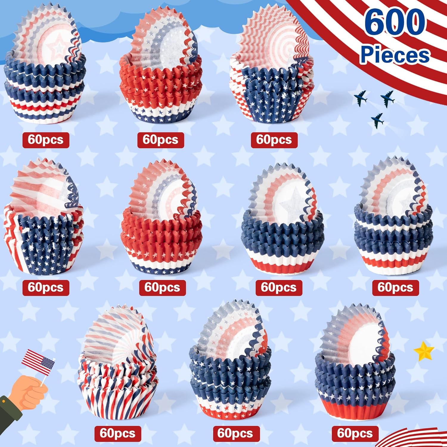 COcnny American Flag Cupcake Liners - 600pcs Patriotic Mini Baking Cups Muffin Paper Case Cupcake Wrappers for Memorial Day, July 4th Cake Chocolate Candy Wrap Supplies for Independence Day(10 Styles)