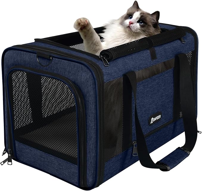 Cat Carrier 18x11x11 United Airline Approved, Top Loader Heavy Duty Softshell Pet Flying Bag 18lbs, Small Dog Chihuahua Crate 5-10 Pounds, Kitty Transport Kennel, Miniature Poodle Case Navy-PawvioPets