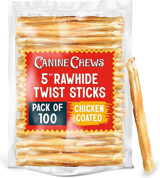 Canine Chews 5" Chicken Coated Sticks - Pack of 100 Chicken Wrapped Rawhide Dog Treats - 100% Real USA-Sourced Chicken Coating - Protein-Dense Chicken Wrapped Dog Treats Rawhide Chews-PawvioPets