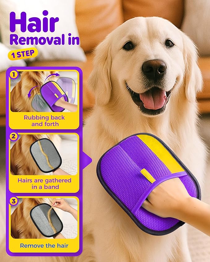 2025 Thickened Electrostatic Pet Hair Removal Gloves (2 Pcs) - Reusable Strong Grooming Gloves for Cats & Dogs, Hair Remover for Couch, Furniture, Carpet, Car Seats & Clothing (Purple)-PawvioPets