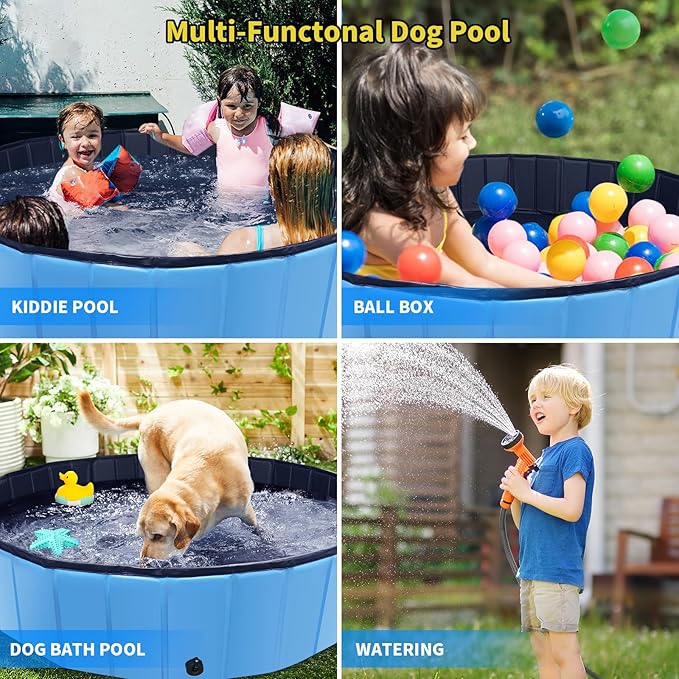 Foldable Dog Pool, 79" x 14" Large Kiddie Pool with Hard Plastic, Non-Slip Dog Bath Tub for Outdoor Backyard, Collapsible Dog Swimming Pool for Kids Dogs Pets (Blue)-PawvioPets