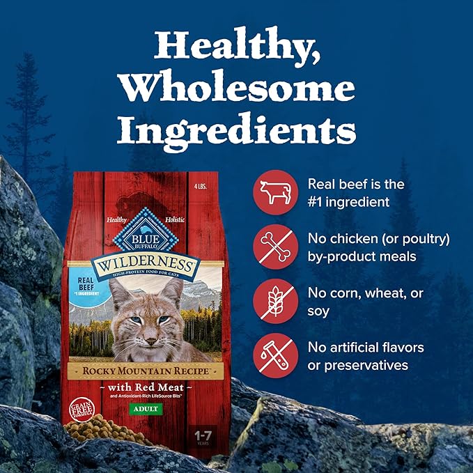 Blue Buffalo Wilderness Adult Dry Cat Food, Rocky Mountain Recipe, Chicken-Free & Grain-Free Recipe Made with Natural Ingredients, Red Meat, 4-lb Bag-PawvioPets