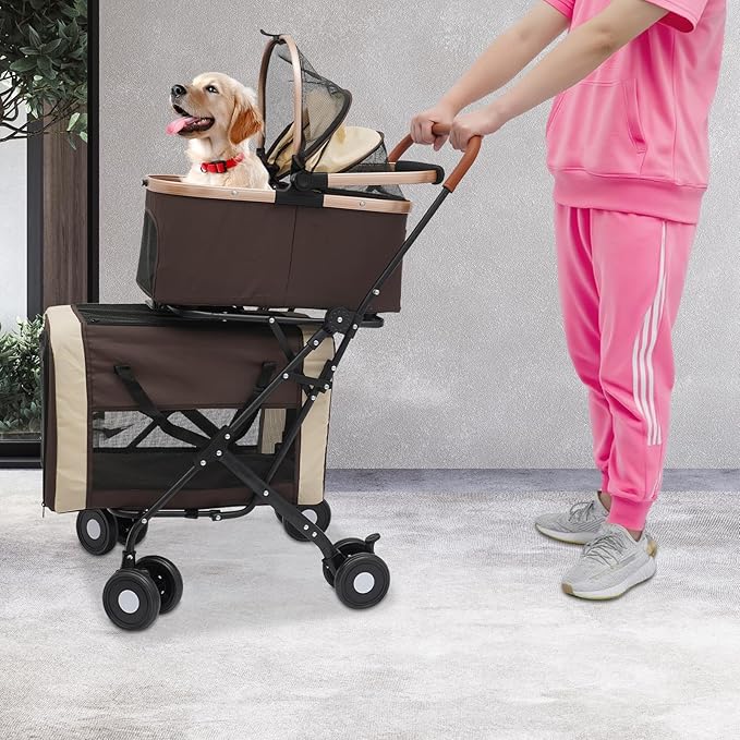 Double Pet Stroller for Dogs and Cats, Foldable Dog Stroller Travel Carriage with Detachable Carriers, Safety Belts, and 4 Lockable Wheels for Small to Medium Pets (Coffee Color)-PawvioPets