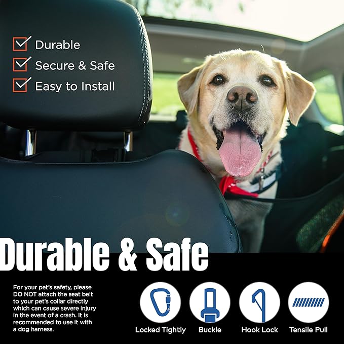 Dog Seat Belt for Car | Universal Dog Car Seatbelt | Durable Reflective Rope with Clip Hook Latch, Buckle and Alloy Carabiner- Safe and Secure Pet Safety Restraint-PawvioPets