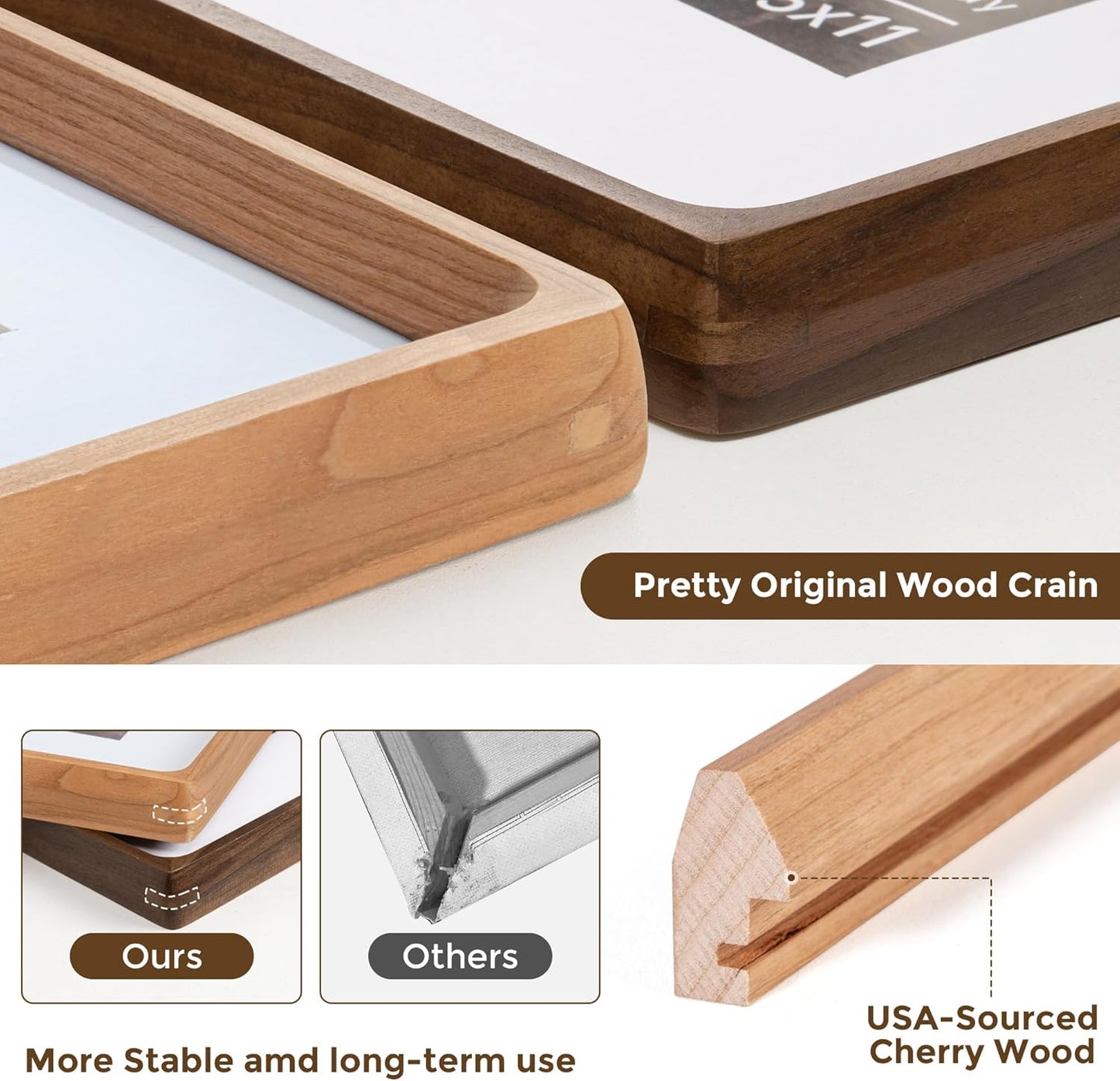 8x10 Picture Frame USA-Sourced Natural Cherry Wood Solid Original Wood Photo Frame Rounded Corner with Mat to 6x8 Picture Display with Real Glass Family Picture, Wedding Picture, Photo, Certificate