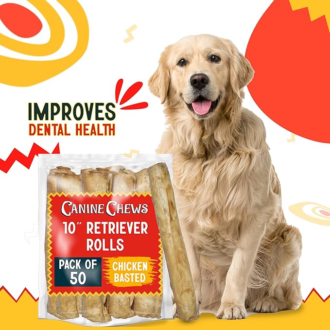 Canine Chews 10" Chicken Basted Dog Rawhide Retriever Rolls (50 Pack) - Natural Beef Dog Rawhide Chews - Healthy Dental Chews-PawvioPets