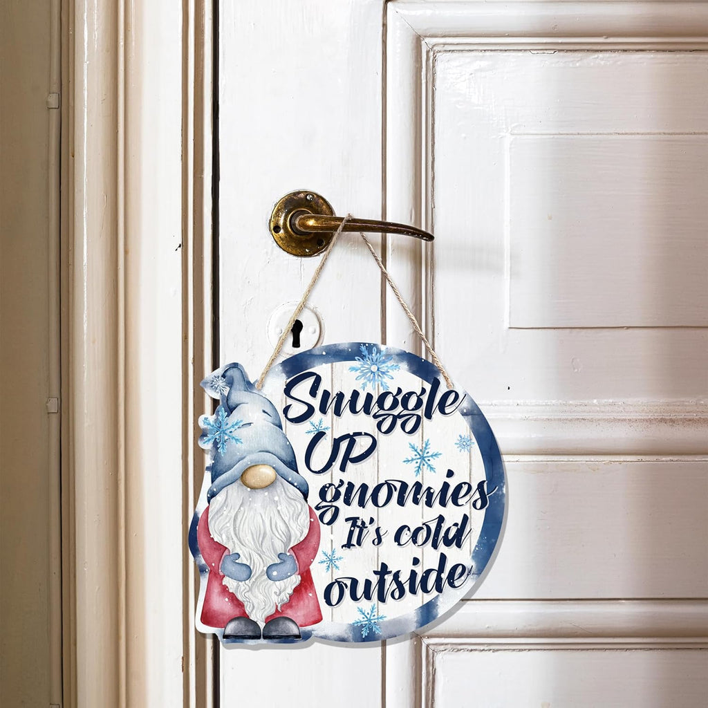 CGBHW Winter Snowflake Snowman Gnome Wooden Sign, Winter Wreath Christmas Holiday Vavy Blue Decoration Hanging Sign Wall Decor, Snuggle up Gnomies It’s Cold Outside Home Door Decor 12 x 12 Inch