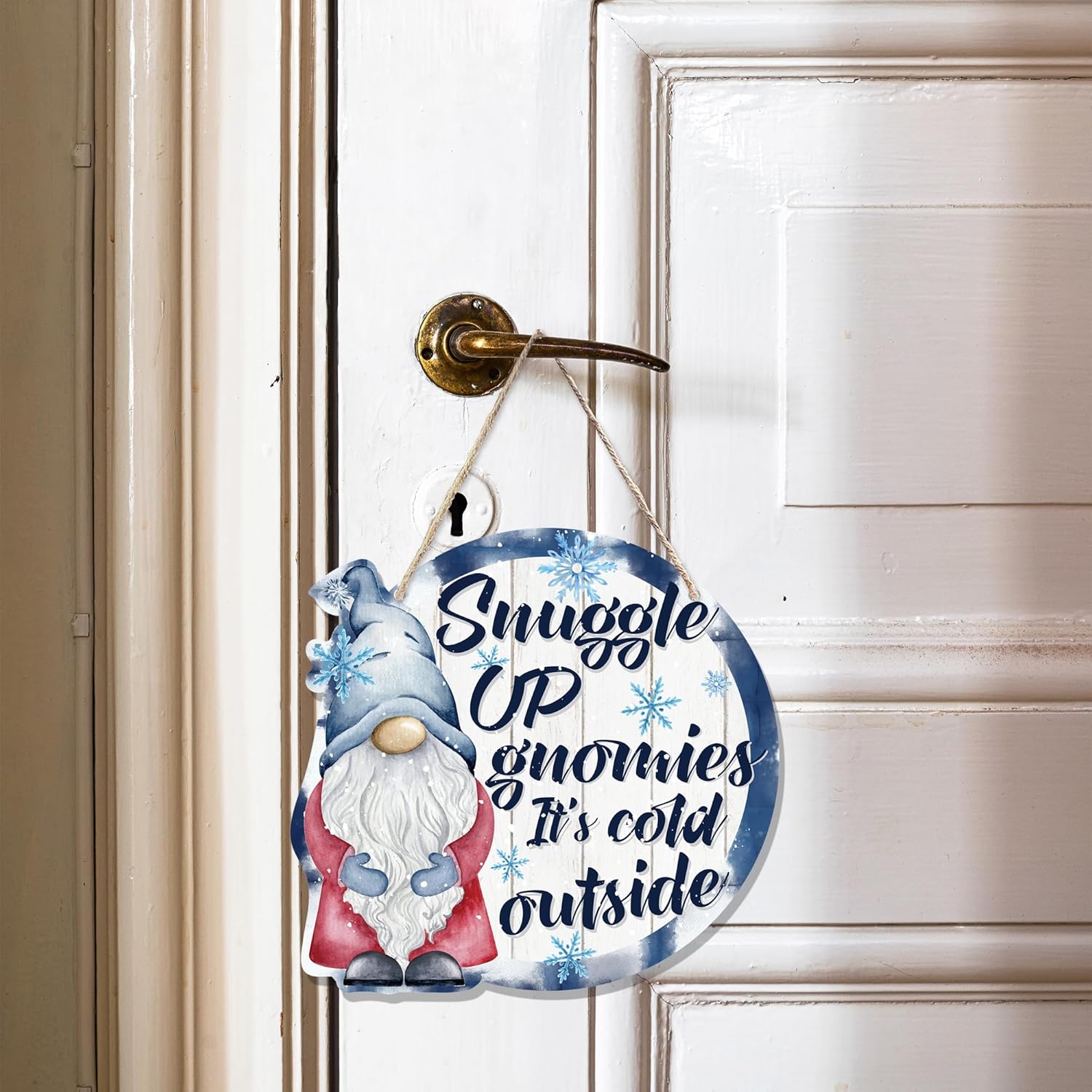 CGBHW Winter Snowflake Snowman Gnome Wooden Sign, Winter Wreath Christmas Holiday Vavy Blue Decoration Hanging Sign Wall Decor, Snuggle up Gnomies It’s Cold Outside Home Door Decor 12 x 12 Inch