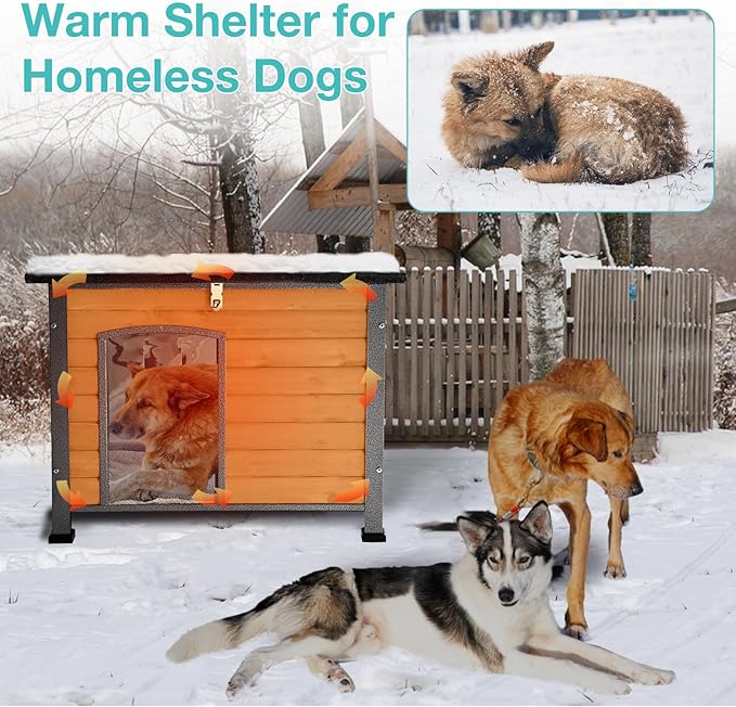 Feral Dog House Outdoor,Anti Bite Iron Frame Dog Kennel,Wood Warm Pets Home,Insulated Weatherproof Outside Shelter for Feral Animal (33.5"(L)×22"(W)×25.2"(H)-Brown-in)-PawvioPets