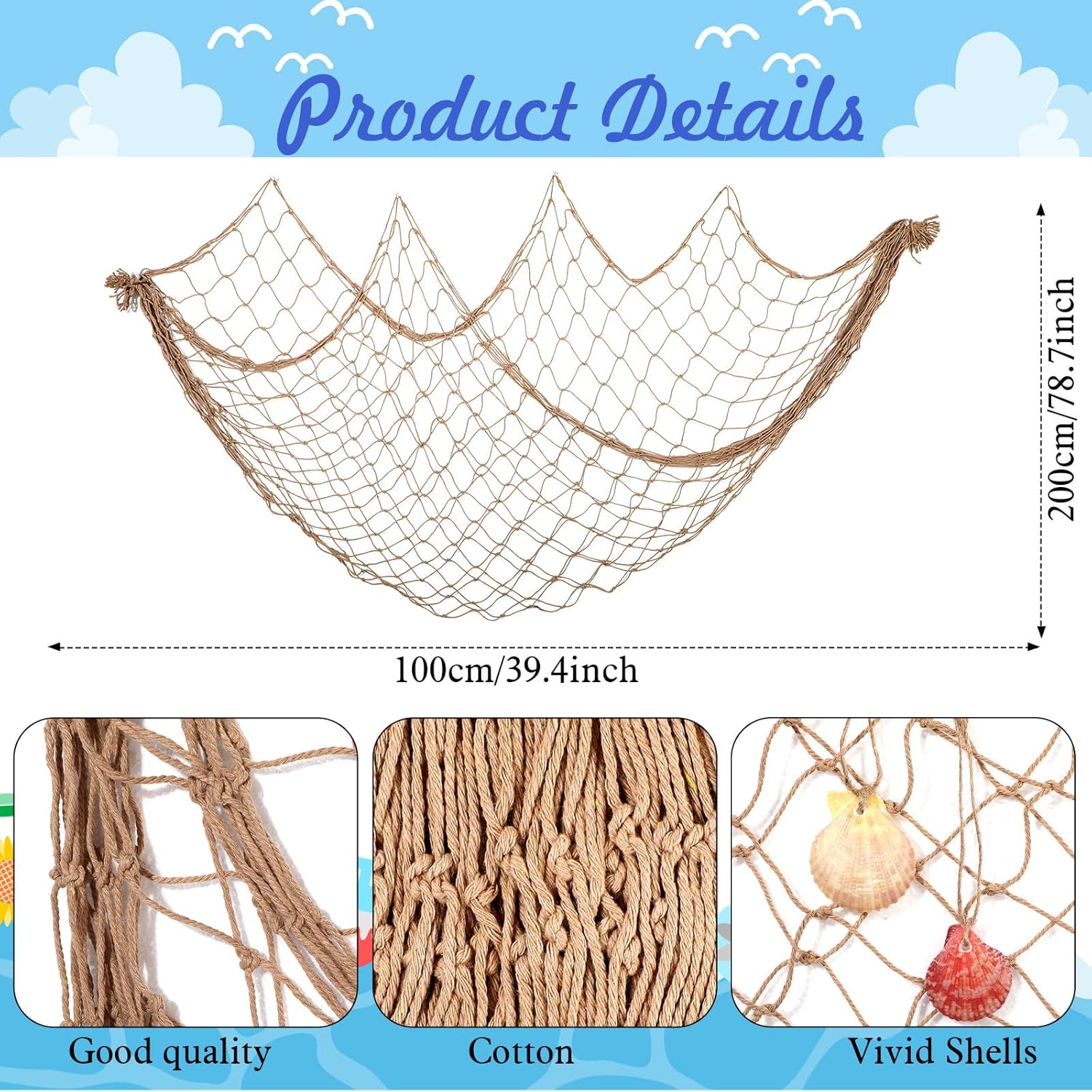 Marsui 11 Pcs Wooden Nautical Wall Decor Fishing Net Decoration, Include Decorative Fishing Net, Ship wheel, Fish Skeleton, Life Ring, Anchor, Starfish Beach Decor for Mediterranean Party (Brown)