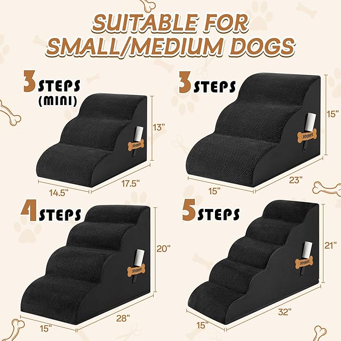 Dog Stairs, Romrol Dog Steps Ramp for High Bed and Couch, Dogs Ramp with Durable Non-Slip Waterproof Fabric Cover, Pet Stairs for Small Dogs and Cats or Pets Joints, 4-TiersBlack-PawvioPets
