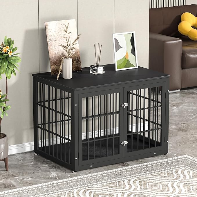 42 Inch Heavy Duty Dog Crate Furniture for Large and Medium Dogs, Decorative Pet House End Table, Wooden Cage Kennel Furniture Indoor, Black-PawvioPets