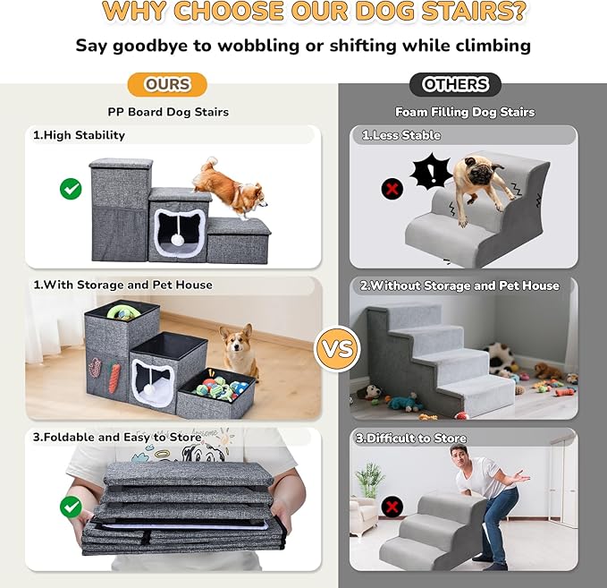Bilibrara Dog Stairs for Small Dogs, Foldable Pet Steps for High Bed, Non-Slip 3-Step Cat Stairs with Storage, Condo and Fluffy Ball, Small Dog Indoor Ramp for Couch Window, 16'' H-PawvioPets