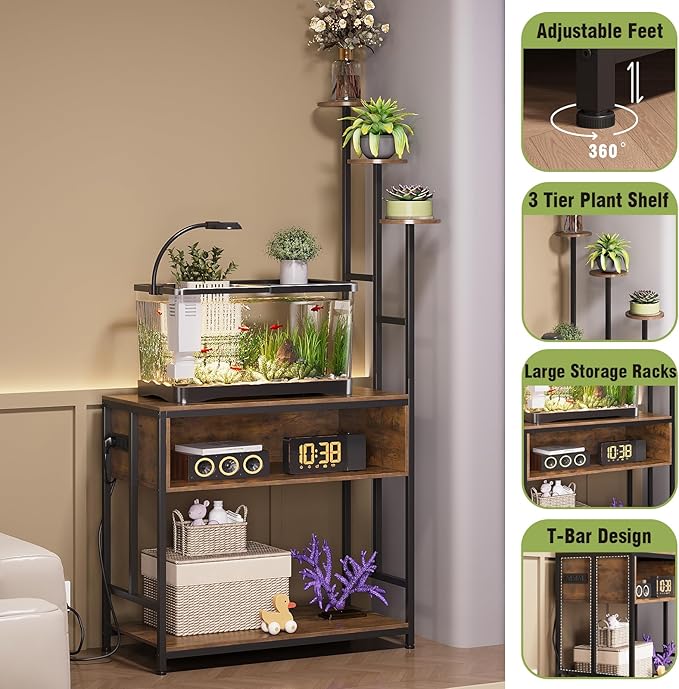Aquarium Stand with Plant Shelves,20-Gallon Fish Tank Stand with 2-Tier Storage and Display Racks,Metal Frame Reptile Tank Table with Tall Plant Holders,Industrial Rack for Home,Office-PawvioPets