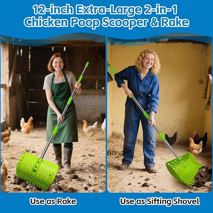 12-Inch 2-in-1 Chicken Poop Scooper & Rake – US Patent Pending – 3-Shape Sifting Holes Chicken Coop Rake，Stainless Steel Handle （20–61"）– Litter Scoop Sand & Sifting Shovel for Chicken Coops(Green)-PawvioPets