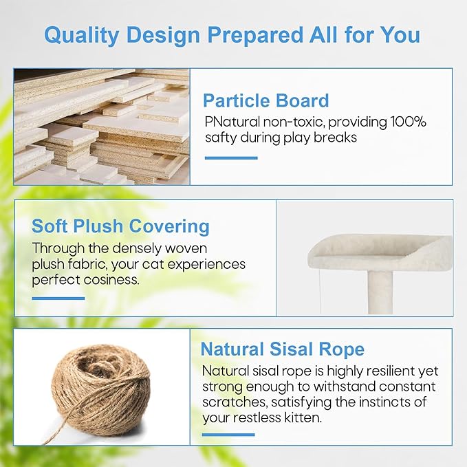 FDW Cat Tree Tower 62in Multi-Level Durable Cat Scratching Post & Cozy Fun Jumping Platform Space Saving Condo Pet Play House for Indoor Cats, Beige-PawvioPets