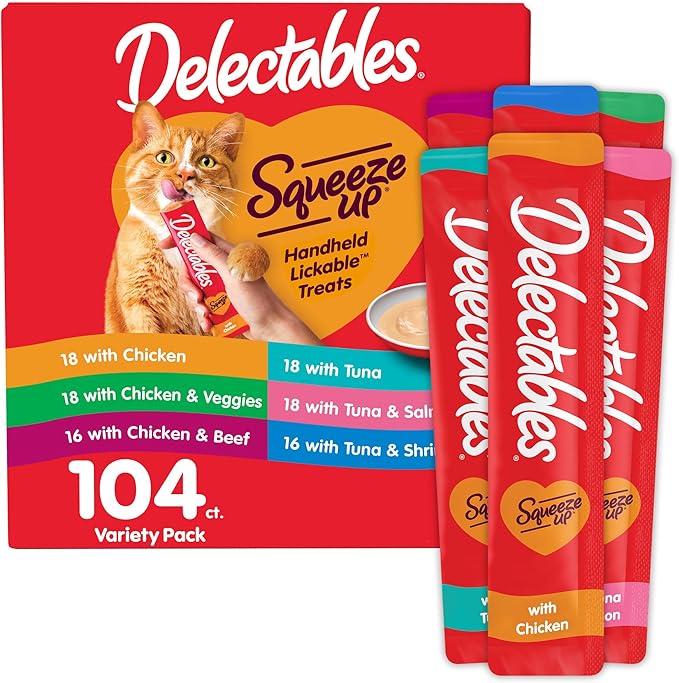 Delectables Squeeze Up Variety Pack, Creamy Squeezable Puree, Lickable Wet Cat Treats, Grain Free, No Added Fillers, No by-Products, No Added Preservatives, 0.5 Ounces Tube, 104 Tubes Total-PawvioPets